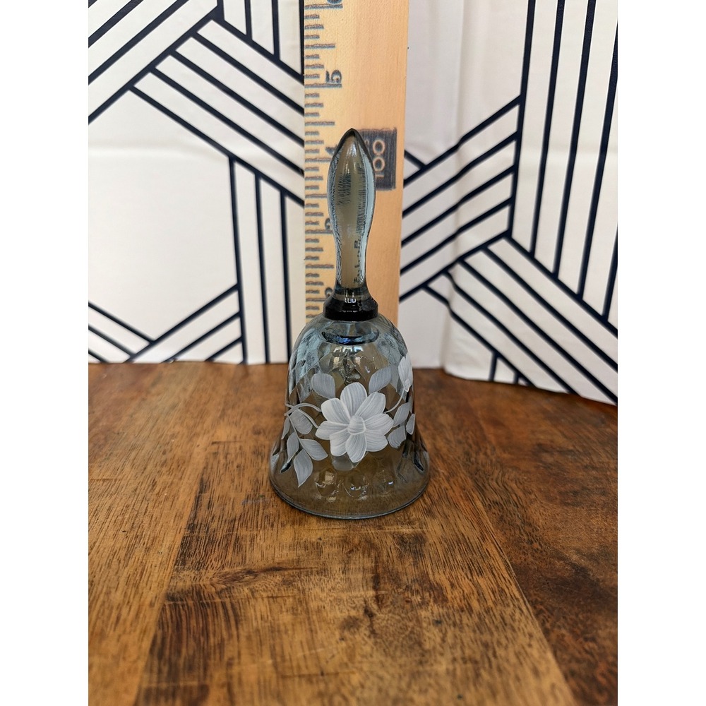 Fenton Blue Glass Floral Bell Signed by Linda Hand Painted Vintage Decor